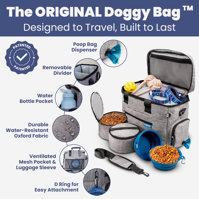rubyloo The Original Doggy Bagâ„¢- Dog Travel Bag for Supplies - Ultimate Gift for Dog Moms & Dads, Doggy Lovers & Pet Owners for Christmas- Includes 2 BPA-Free Travel Bowls and 2 Food Containers: Grey - Image 2